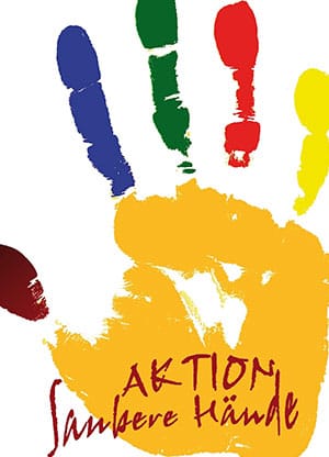 Logo AKTION saubere Hände zu sehen bunter Handabdruck Logo AKTION saubere Hände zu sehen bunter Handabdruck